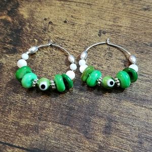 Evil eye, green white hoop earrings, good vibes